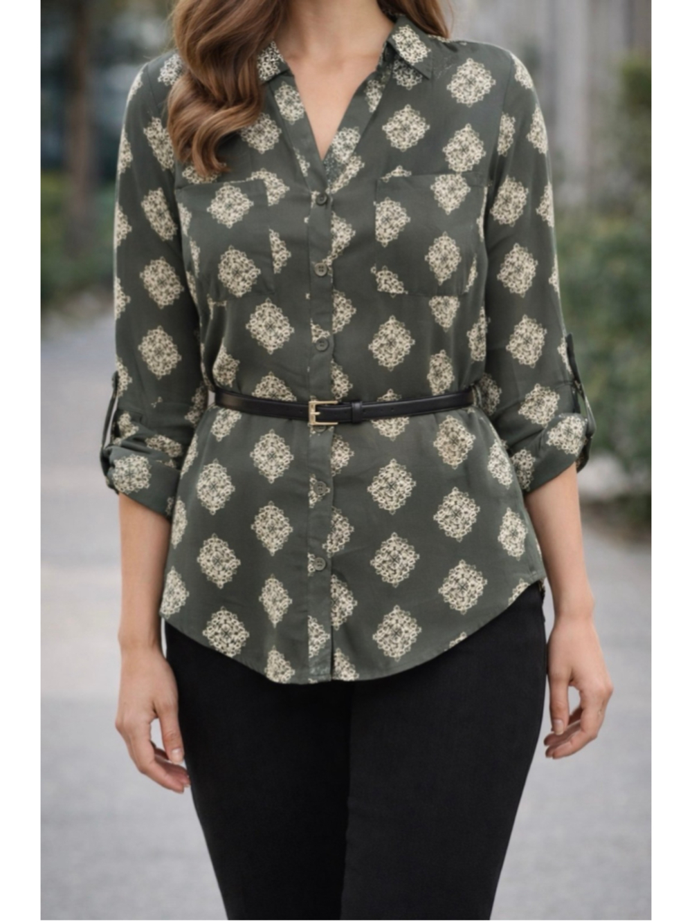 Green Patterned Button Down Shirt